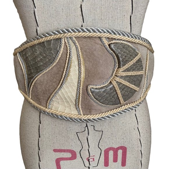 Vintage 80s Leather Suede Print Snake Cord Belt Celestial Moon Boho Adzer Anthro - Picture 2 of 12